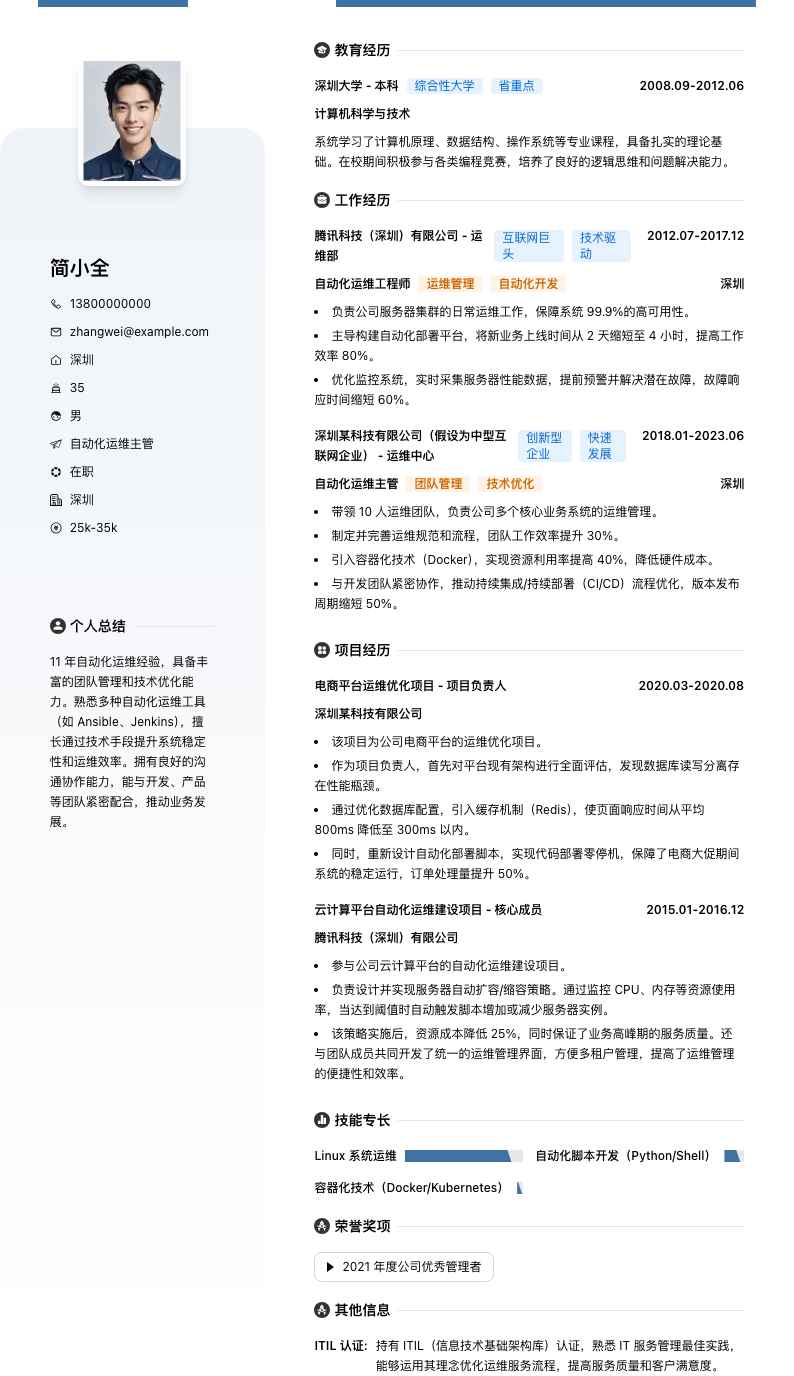 自动化运维主管简历模板