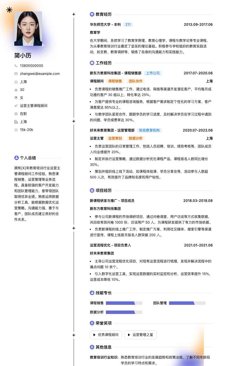 运营主管课程顾问简历模板