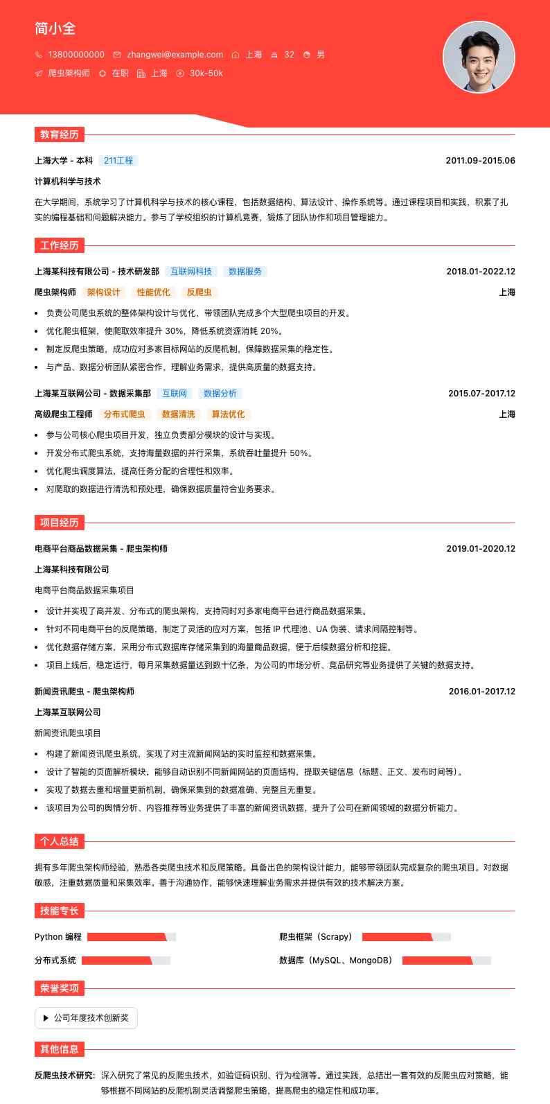爬虫架构师简历模板