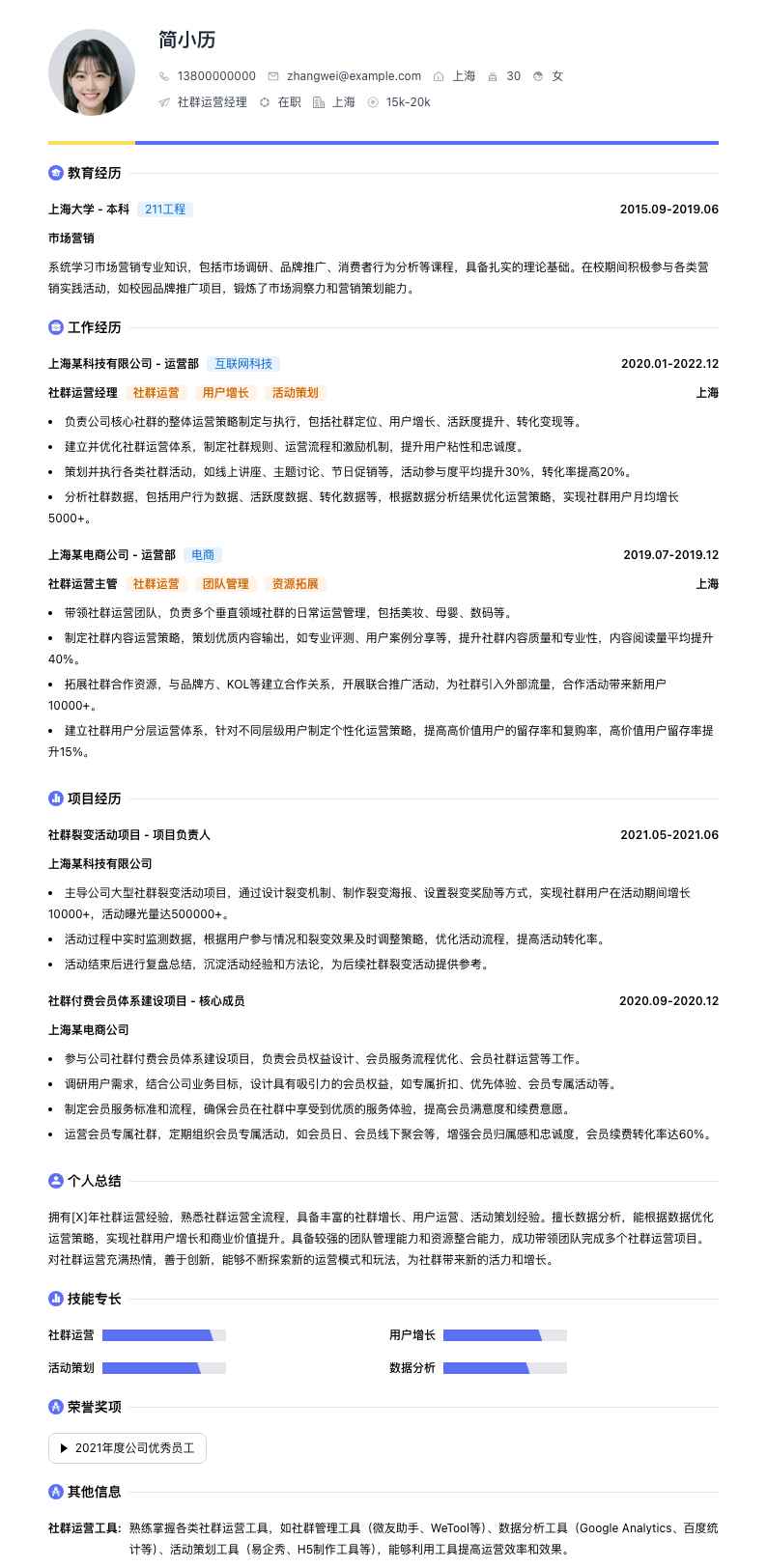 社群运营经理简历模板
