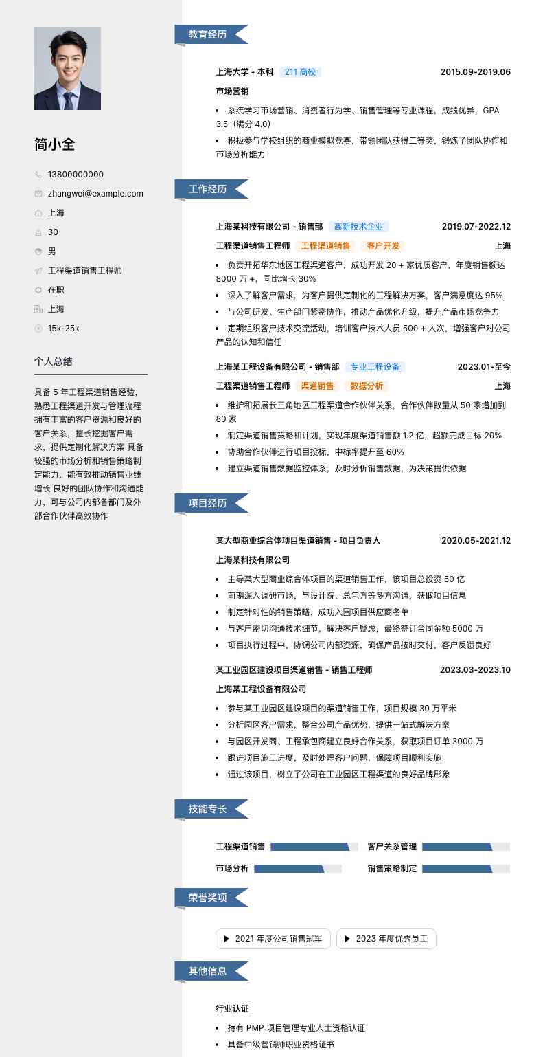 工程渠道销售工程师简历模板