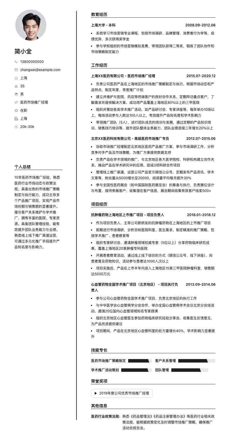 医药市场推广经理简历模板