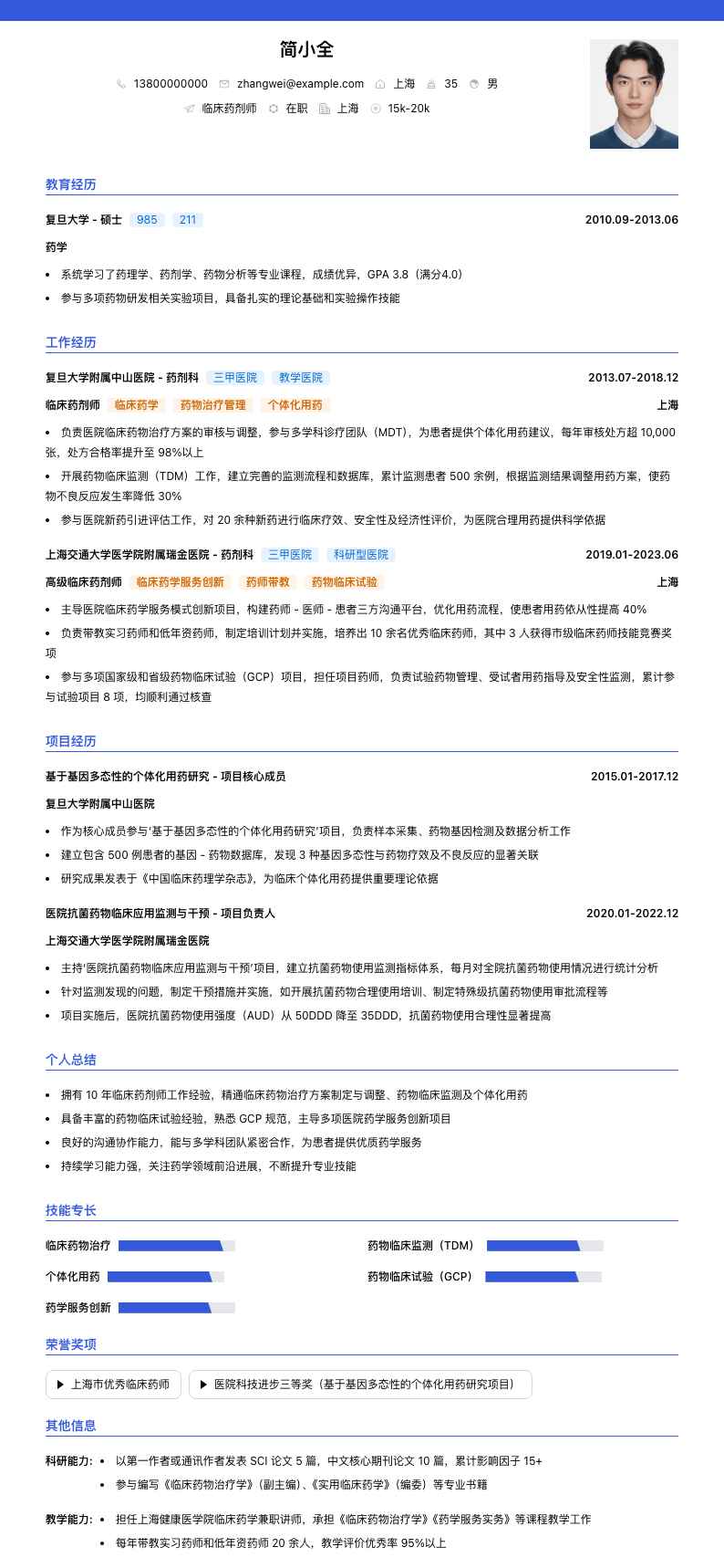 临床药剂师简历模板