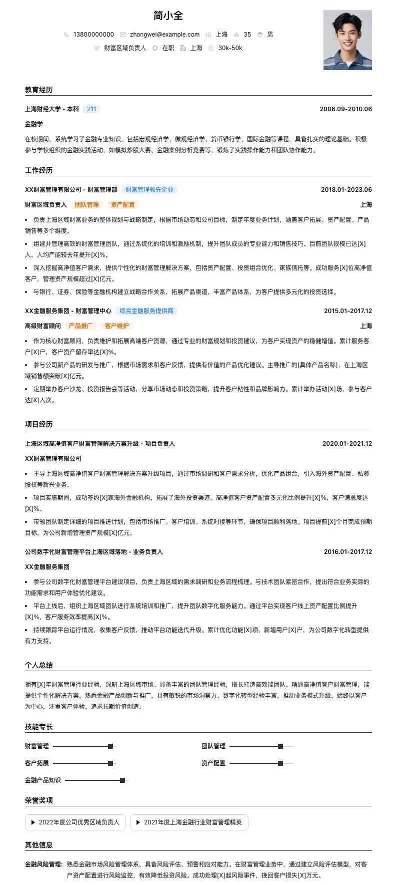 财富区域负责人简历模板