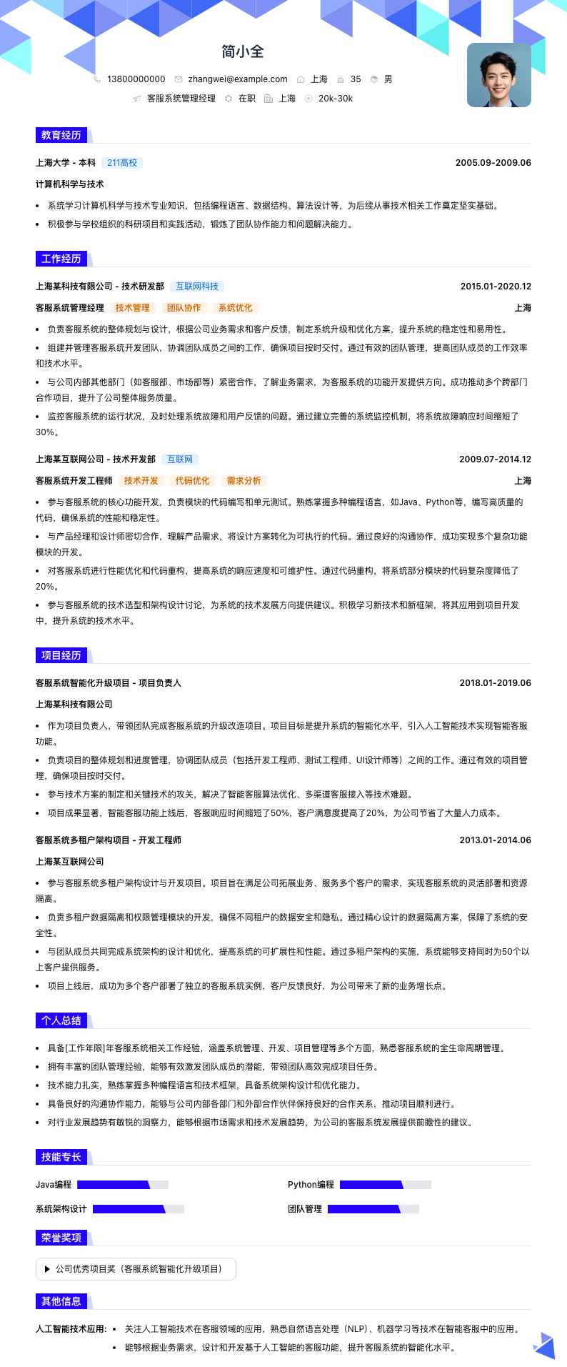 客服系统管理经理简历模板