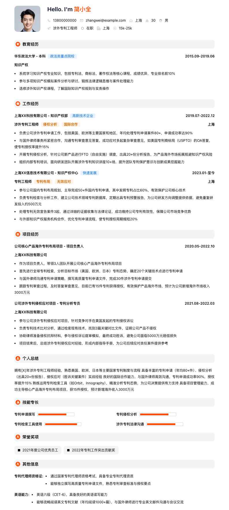 涉外专利工程师简历模板