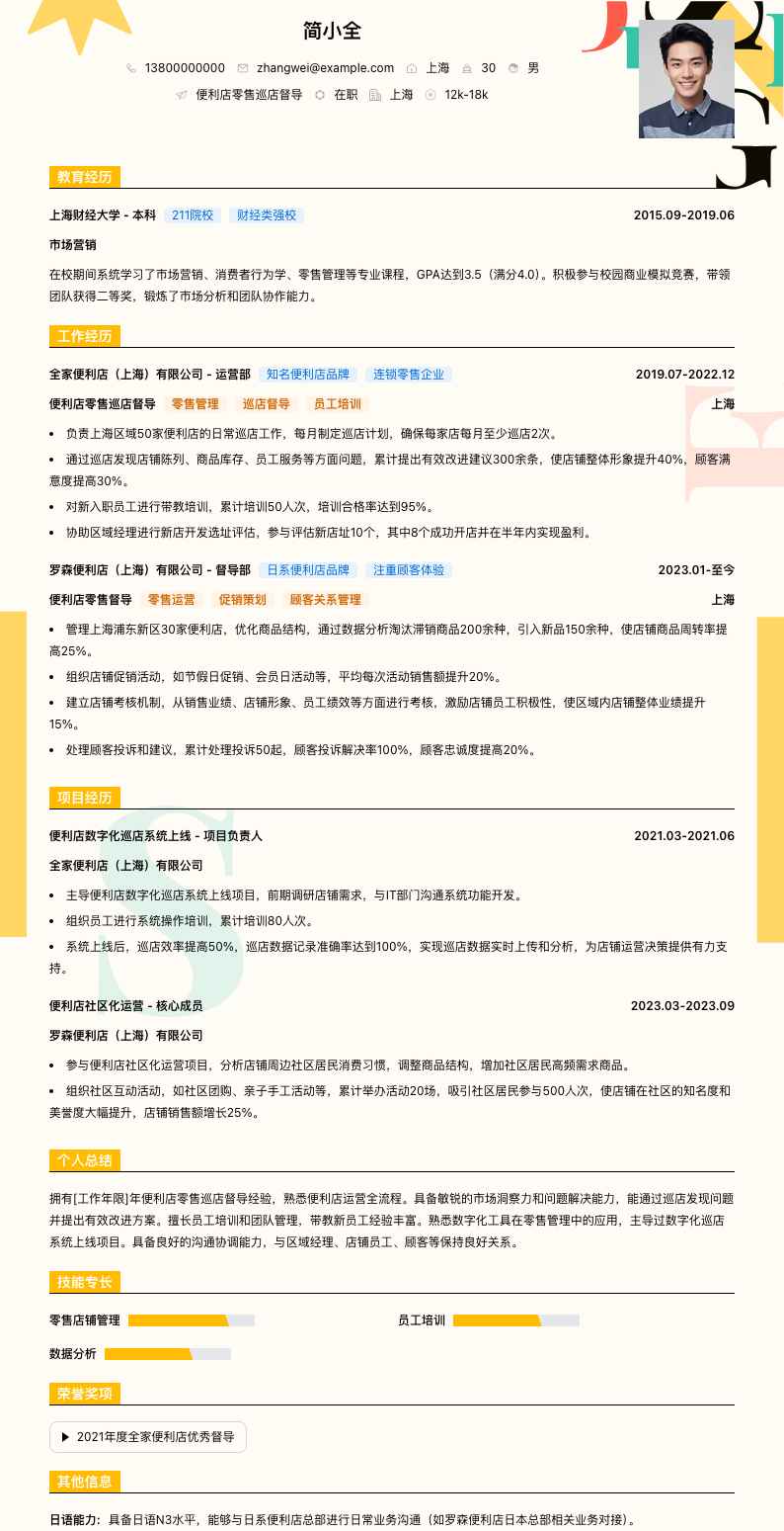 便利店零售巡店督导简历模板