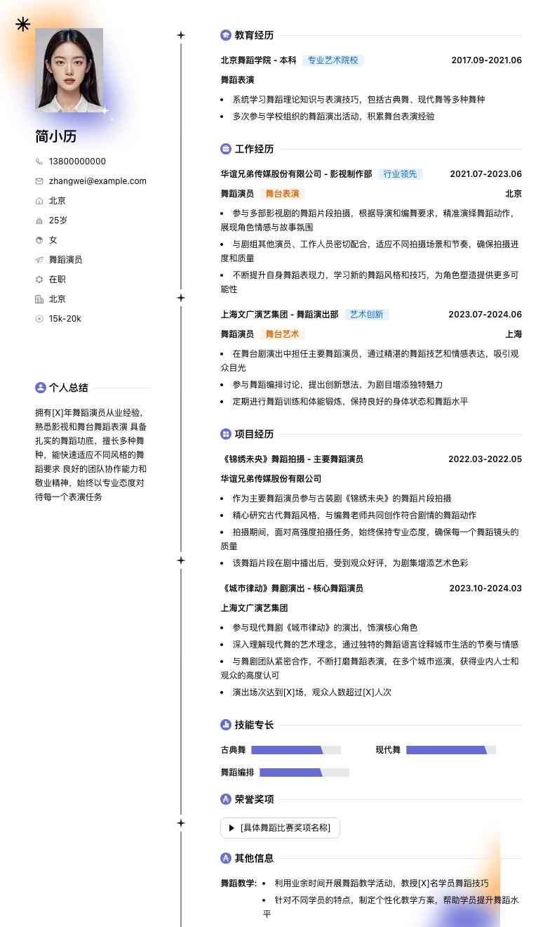 舞蹈演员简历模板