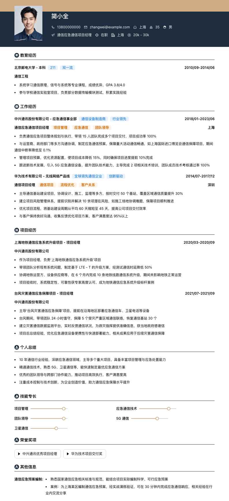 通信应急通信项目经理简历模板