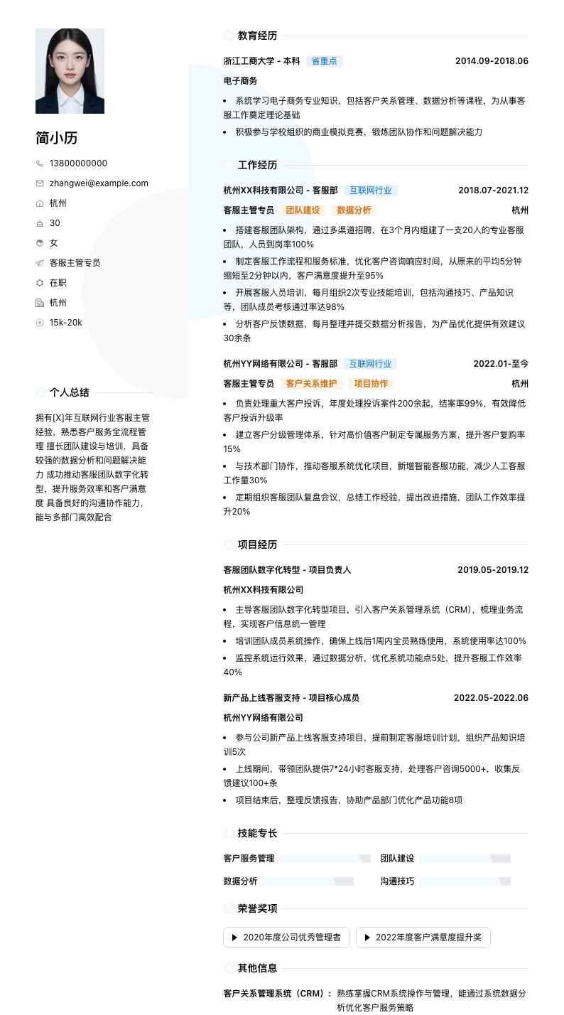 客服主管专员简历模板