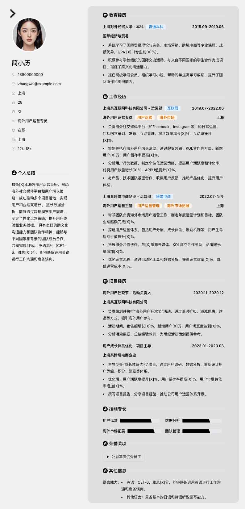 海外用户运营专员简历模板