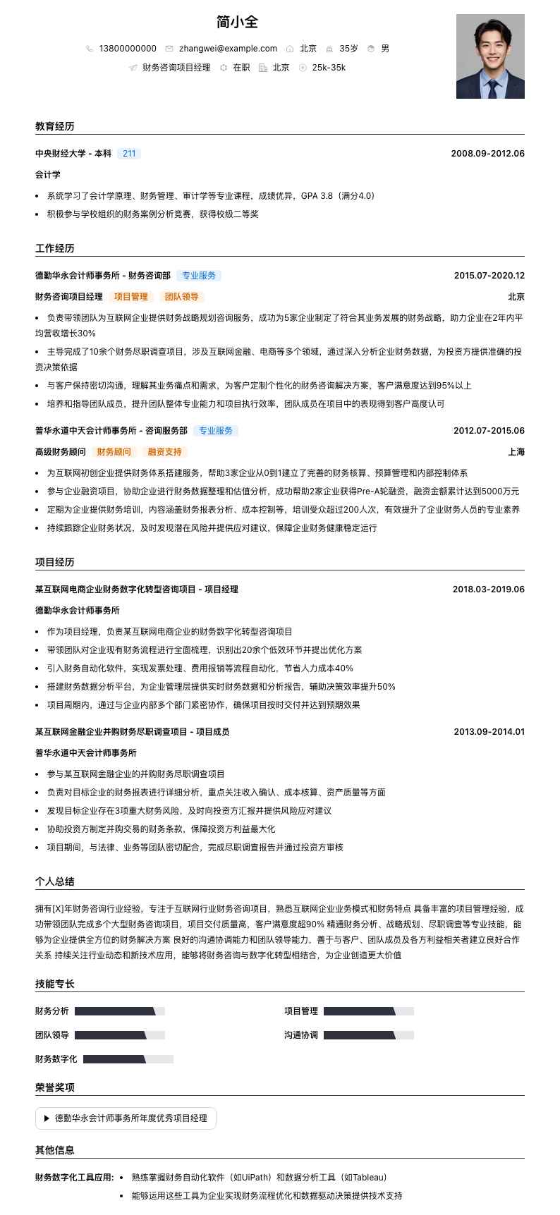 财务咨询项目经理简历模板