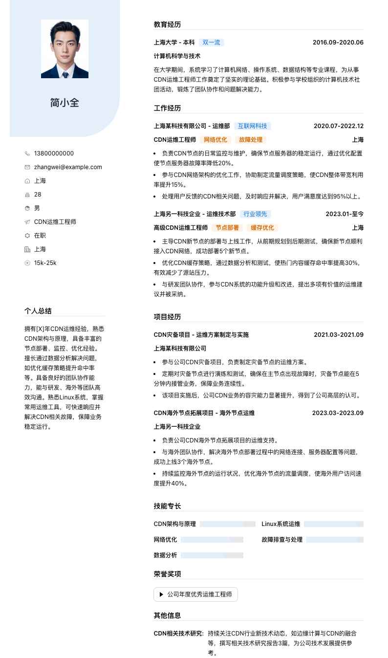 cdn运维工程师简历模板