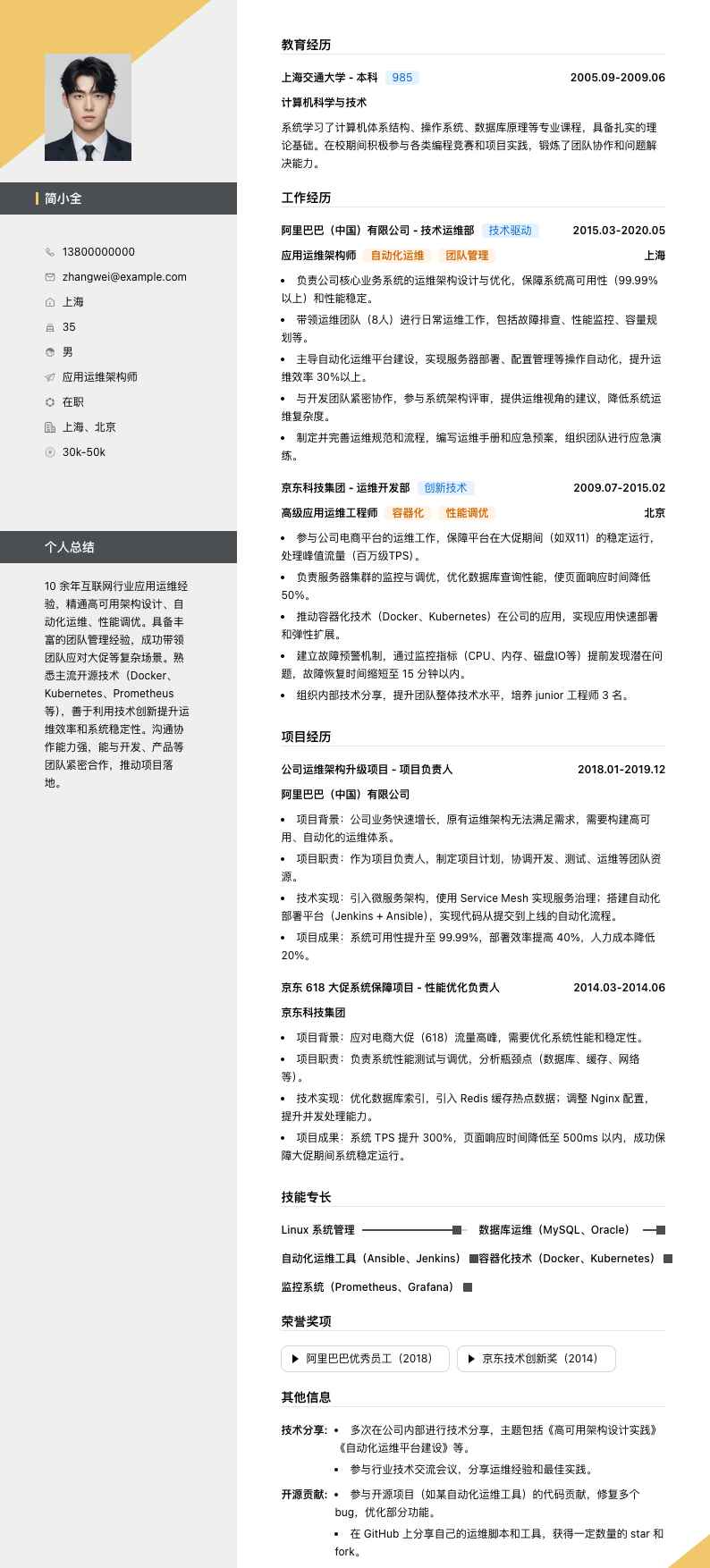 应用运维架构师简历模板