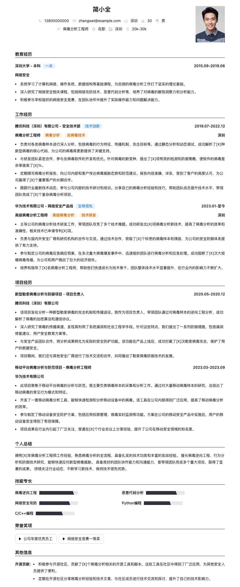 病毒分析工程师简历模板