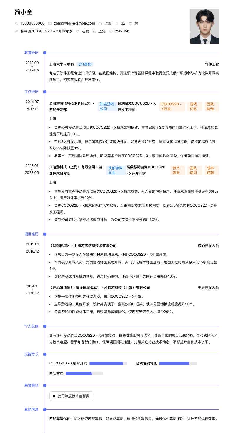 移动游戏COCOS2D - X开发专家简历模板