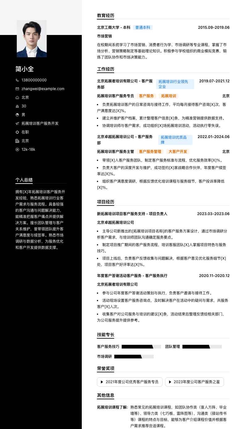 拓展培训客户服务简历模板