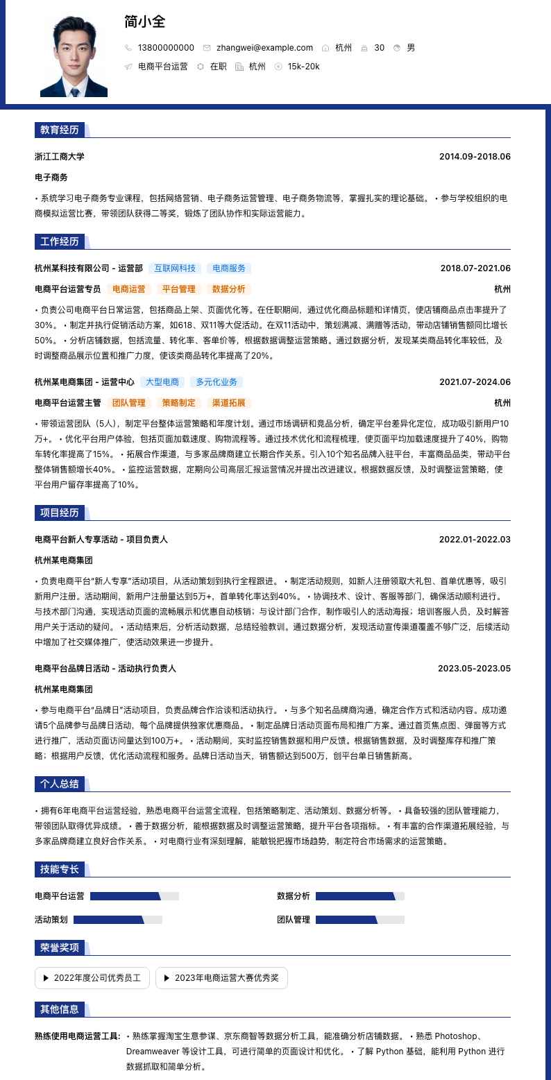 电商平台运营简历模板