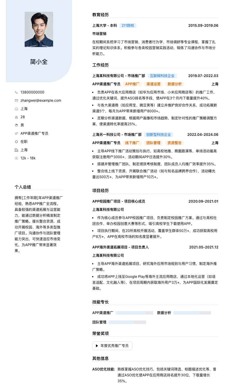 APP渠道推广专员简历模板
