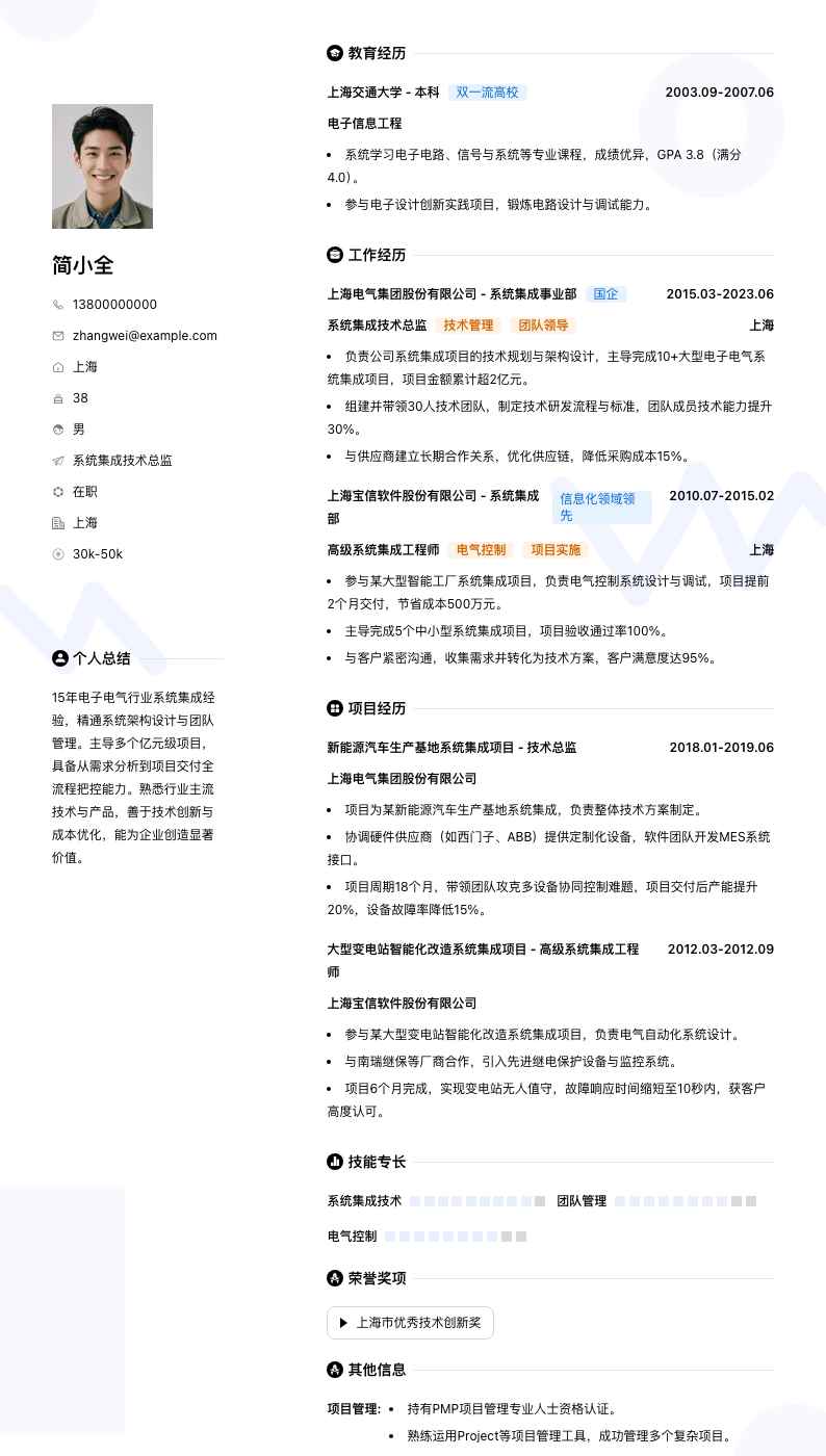 系统集成技术总监简历模板