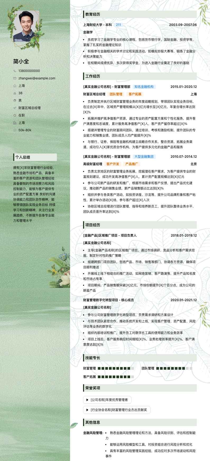 财富区域总经理简历模板