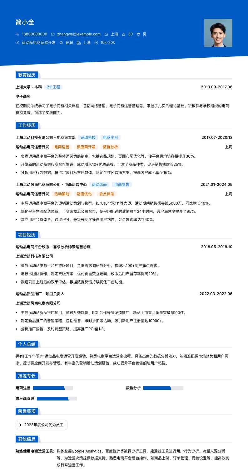 运动品电商运营简历模板