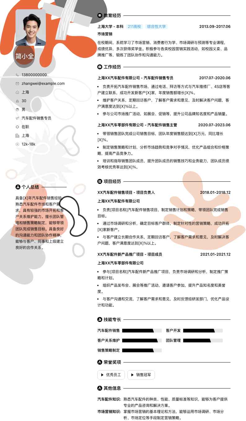 汽车配件销售专员简历模板
