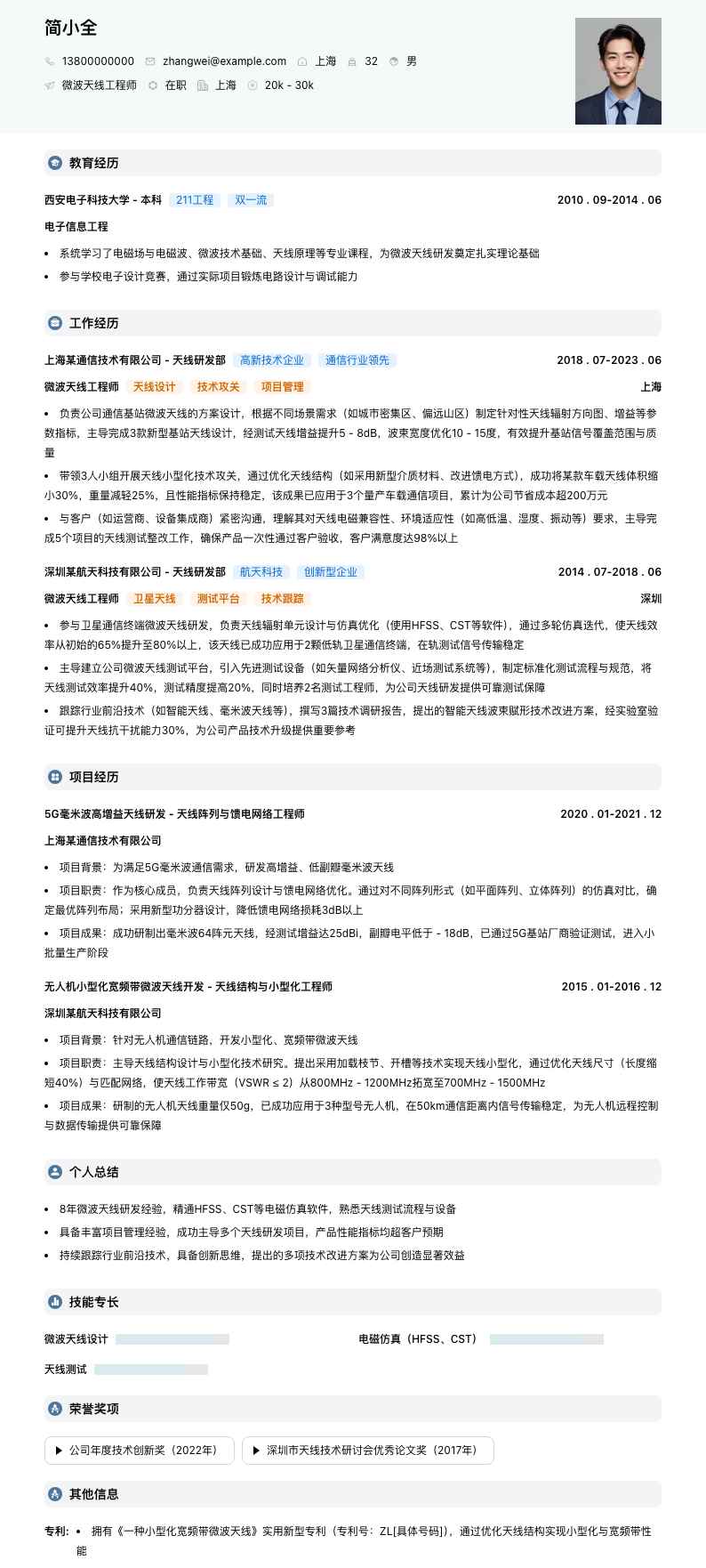 微波天线工程师简历模板