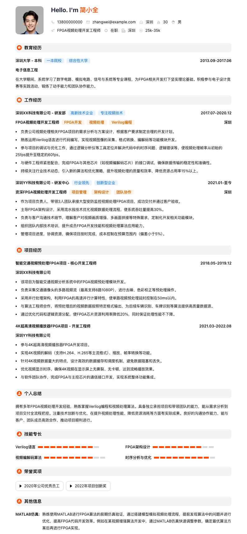 FPGA视频处理开发工程师简历模板