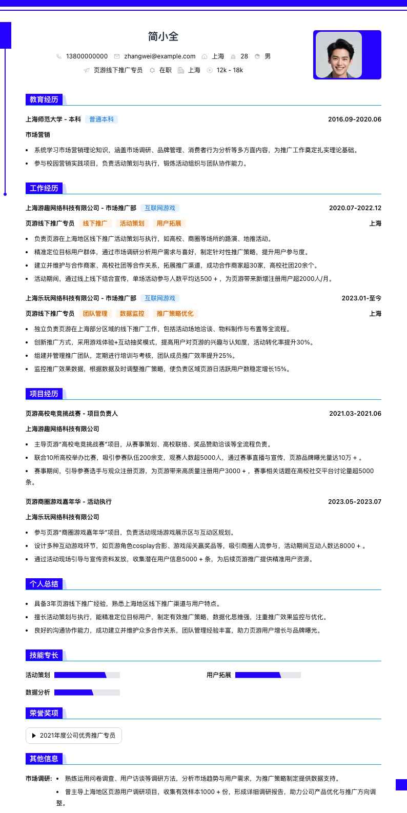 页游线下推广专员简历模板