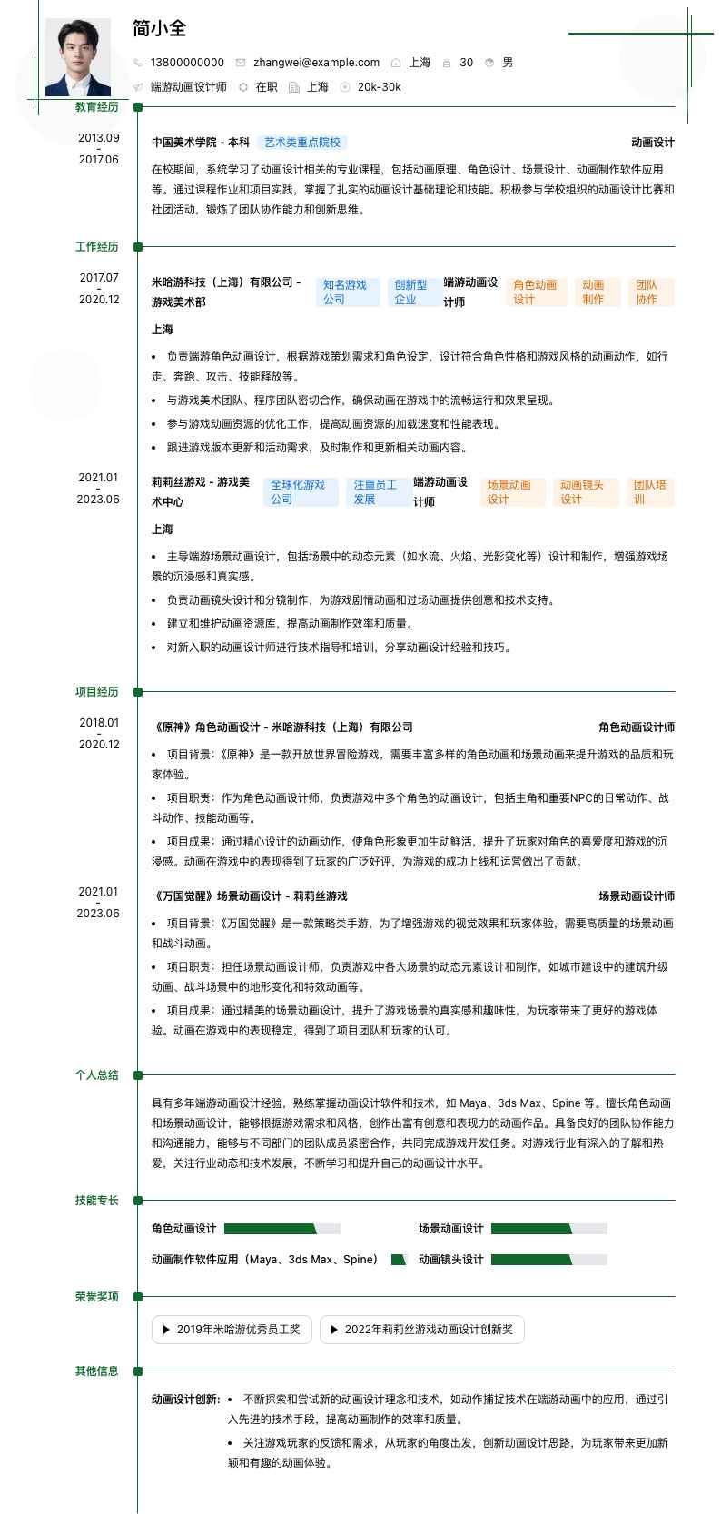 端游动画设计师简历模板