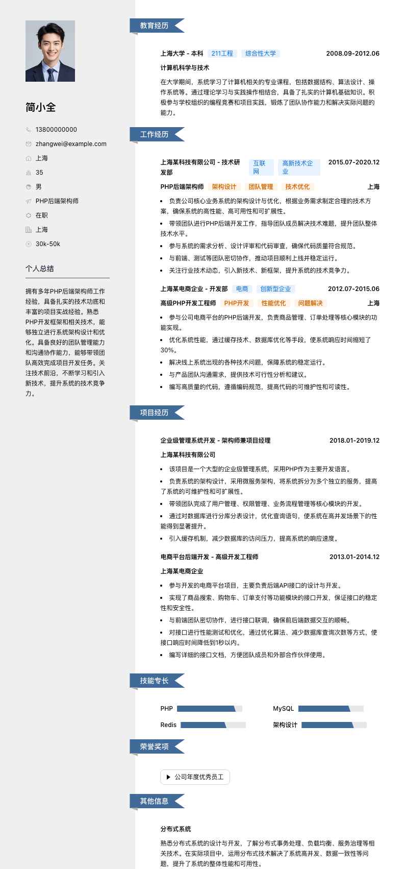 PHP后端架构师简历模板