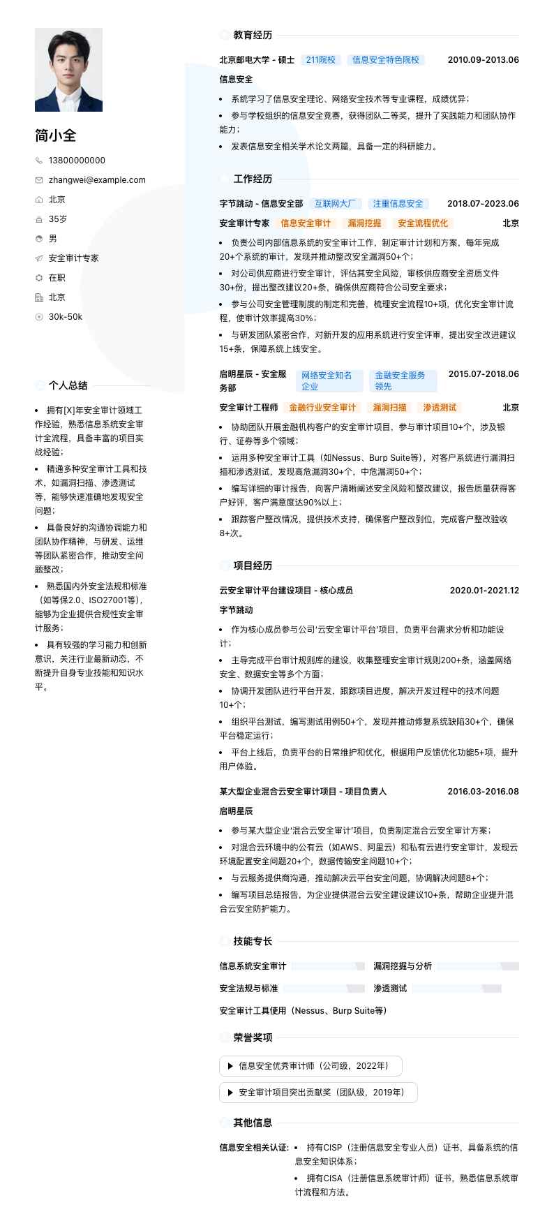 安全审计专家简历模板