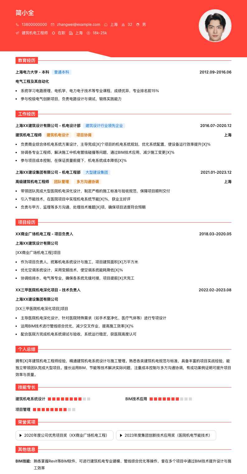 建筑机电工程师简历模板