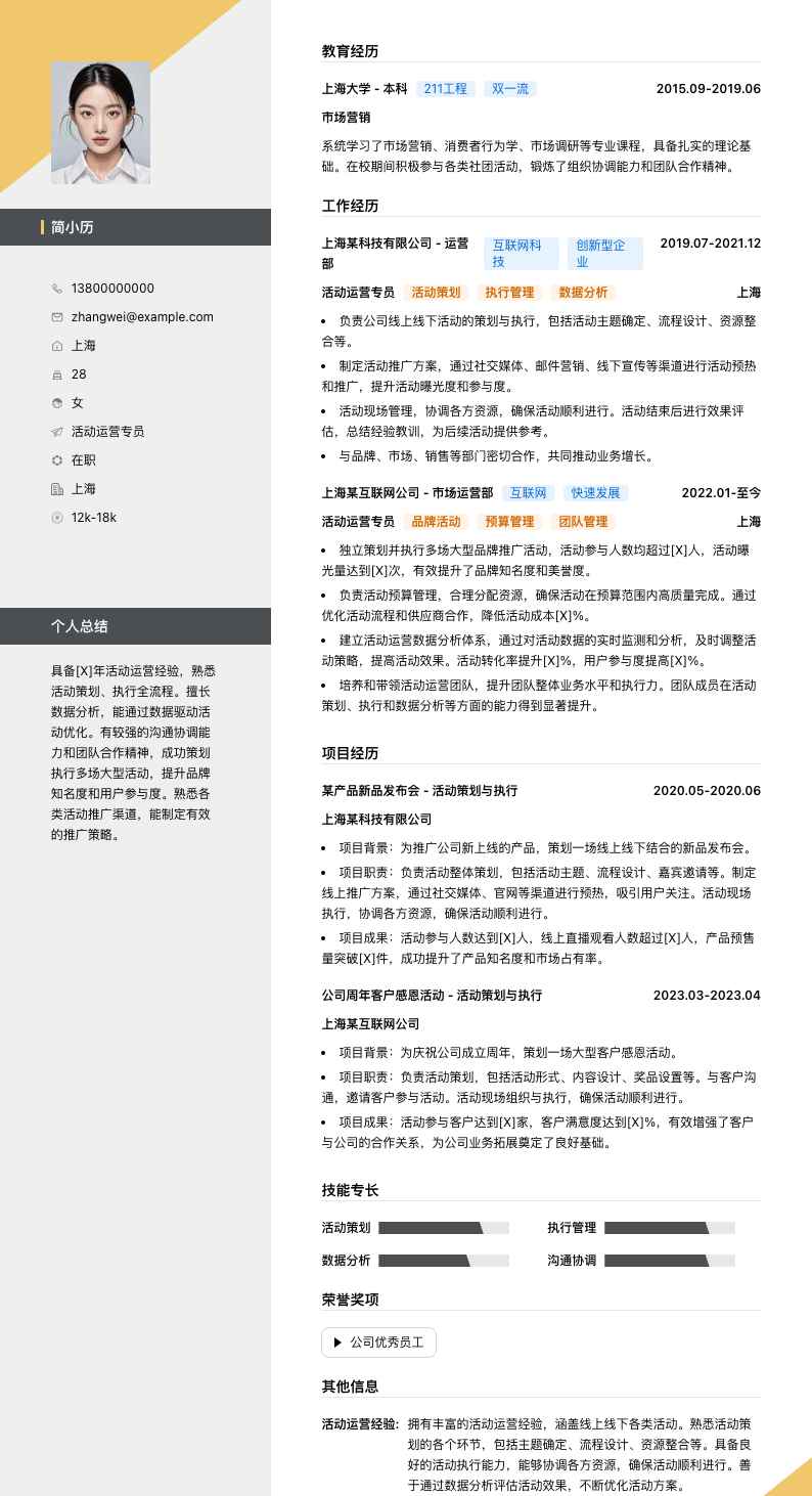 活动运营专员简历模板