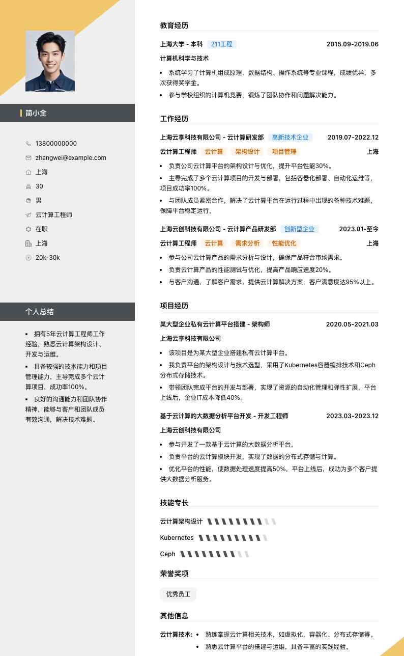 云计算工程师简历模板