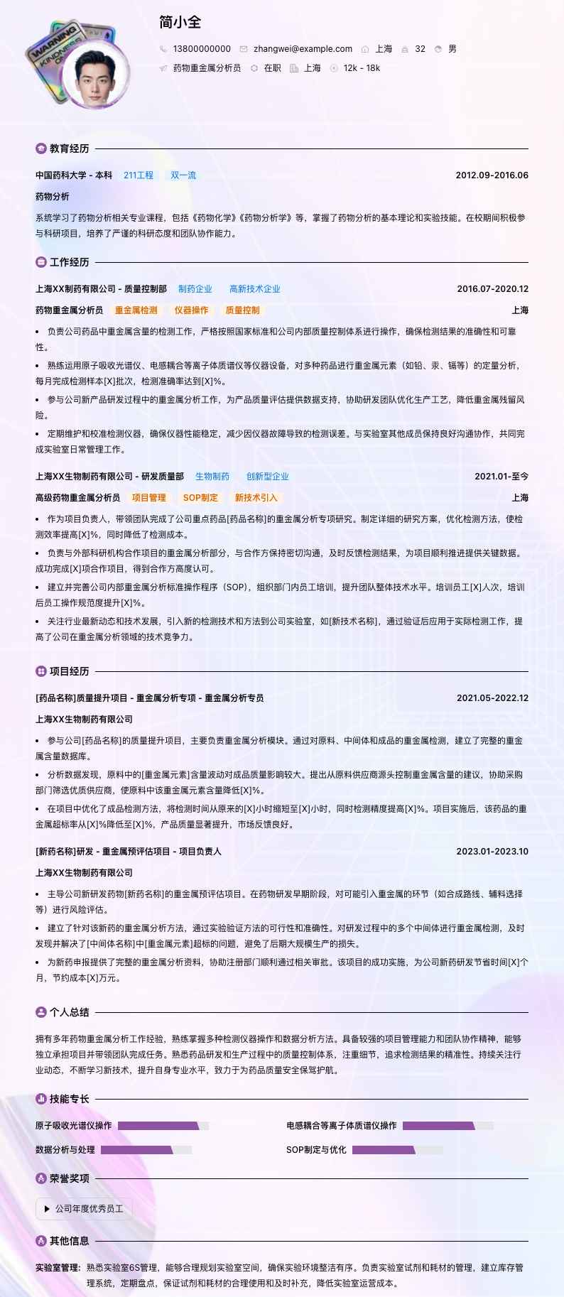 药物重金属分析员简历模板