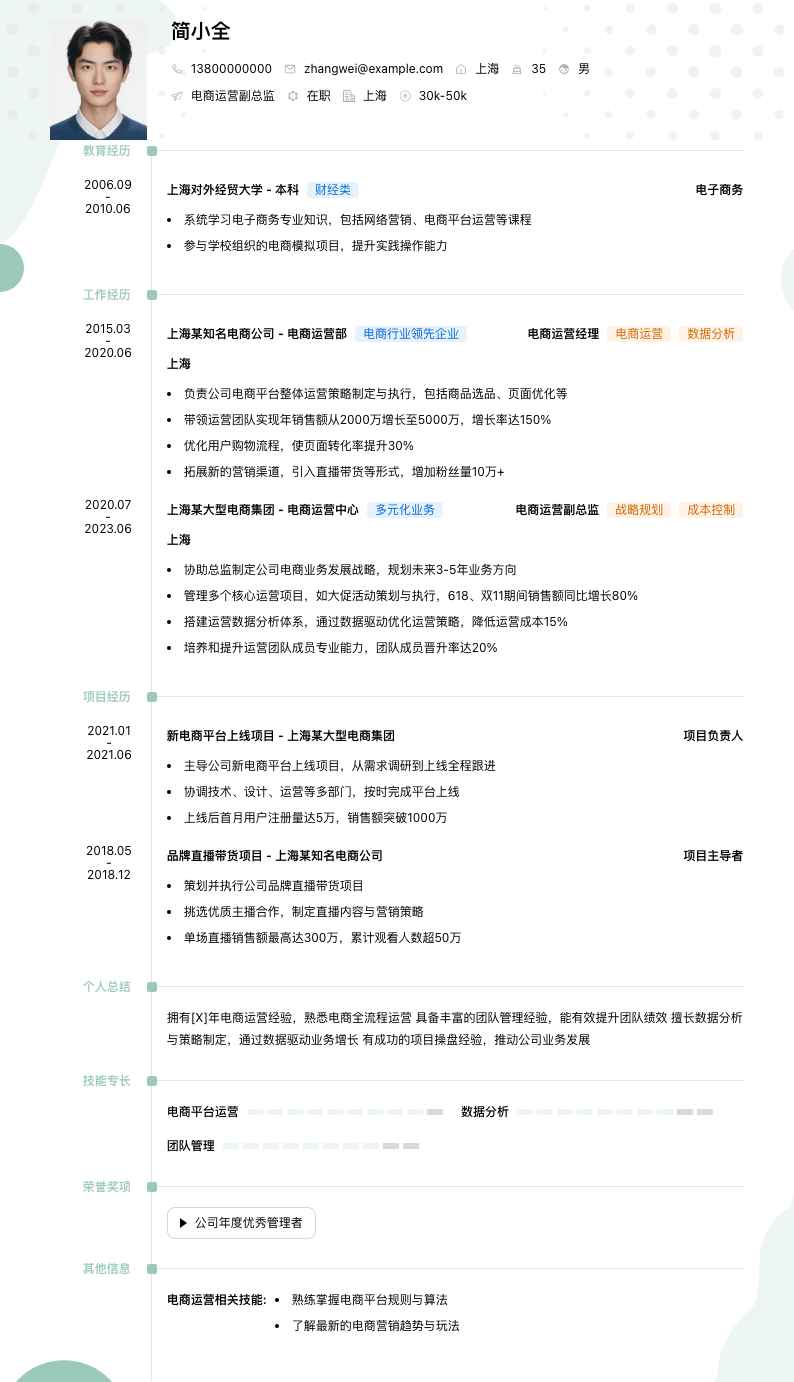 电商运营副总监简历模板
