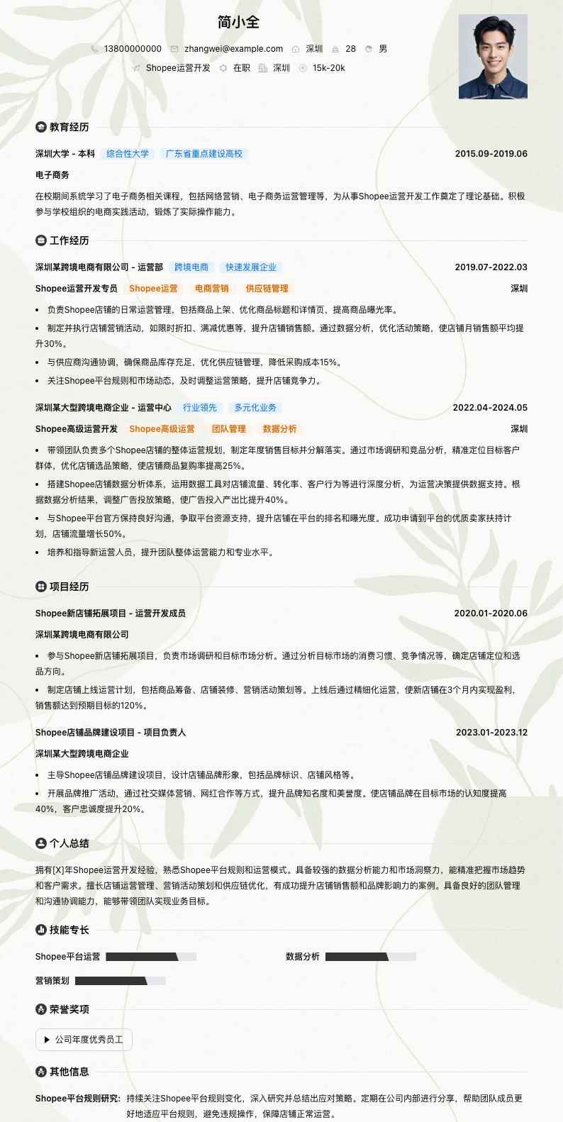 Shopee运营简历模板