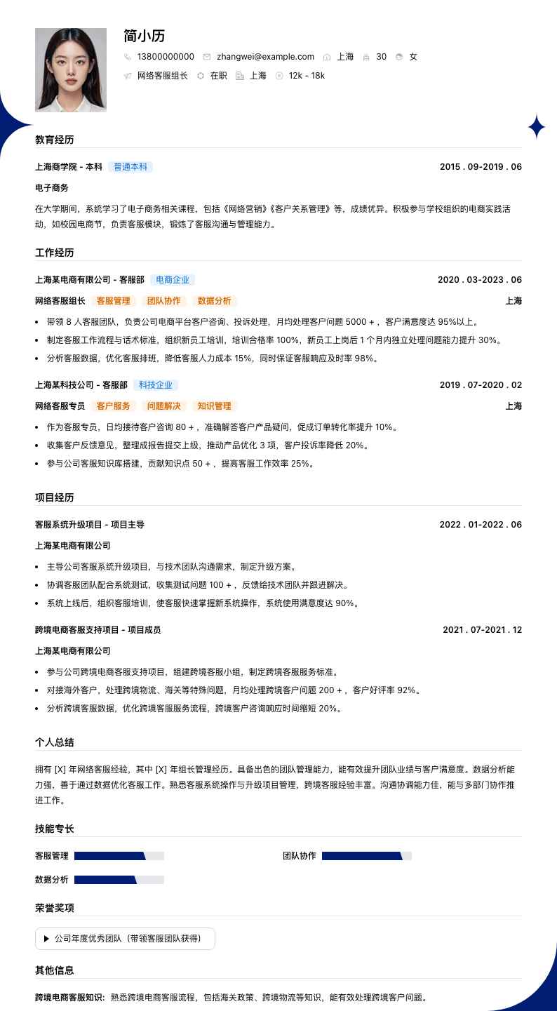 网络客服组长简历模板