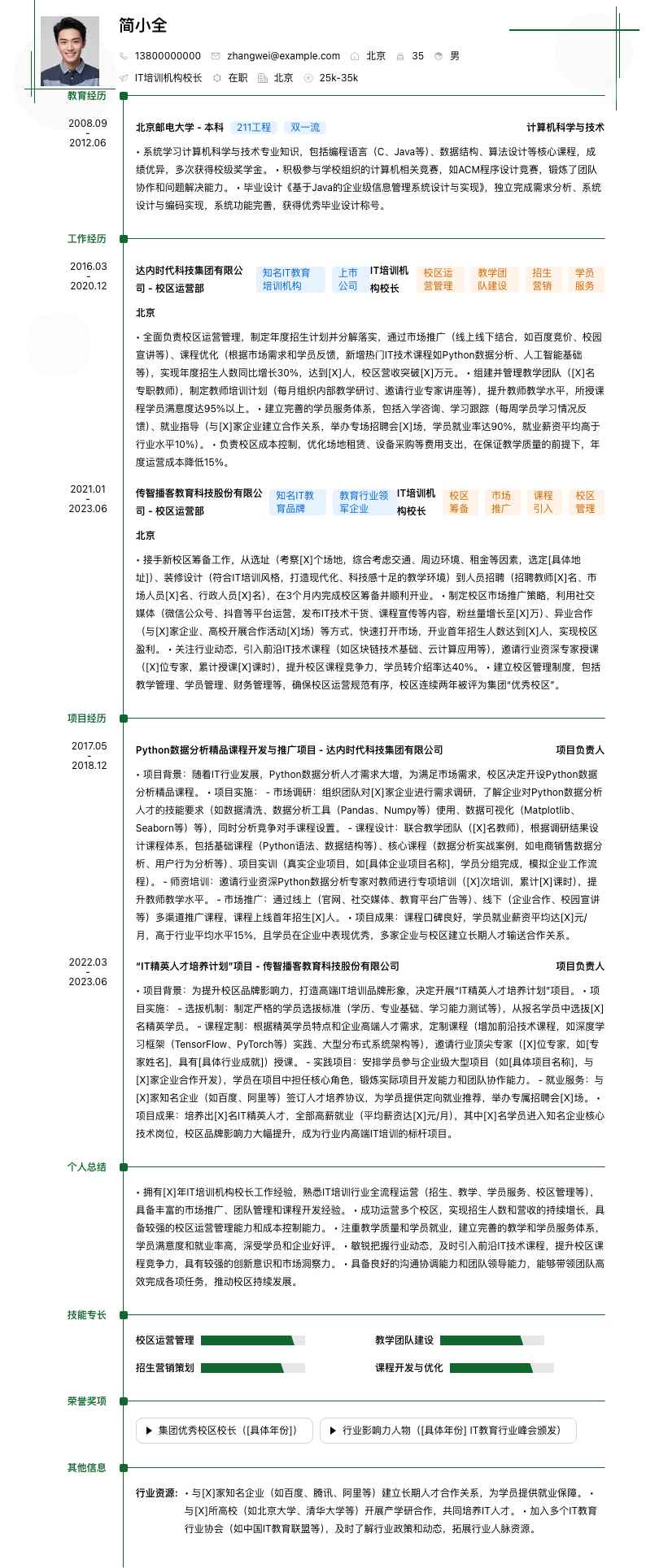 IT培训机构校长简历模板