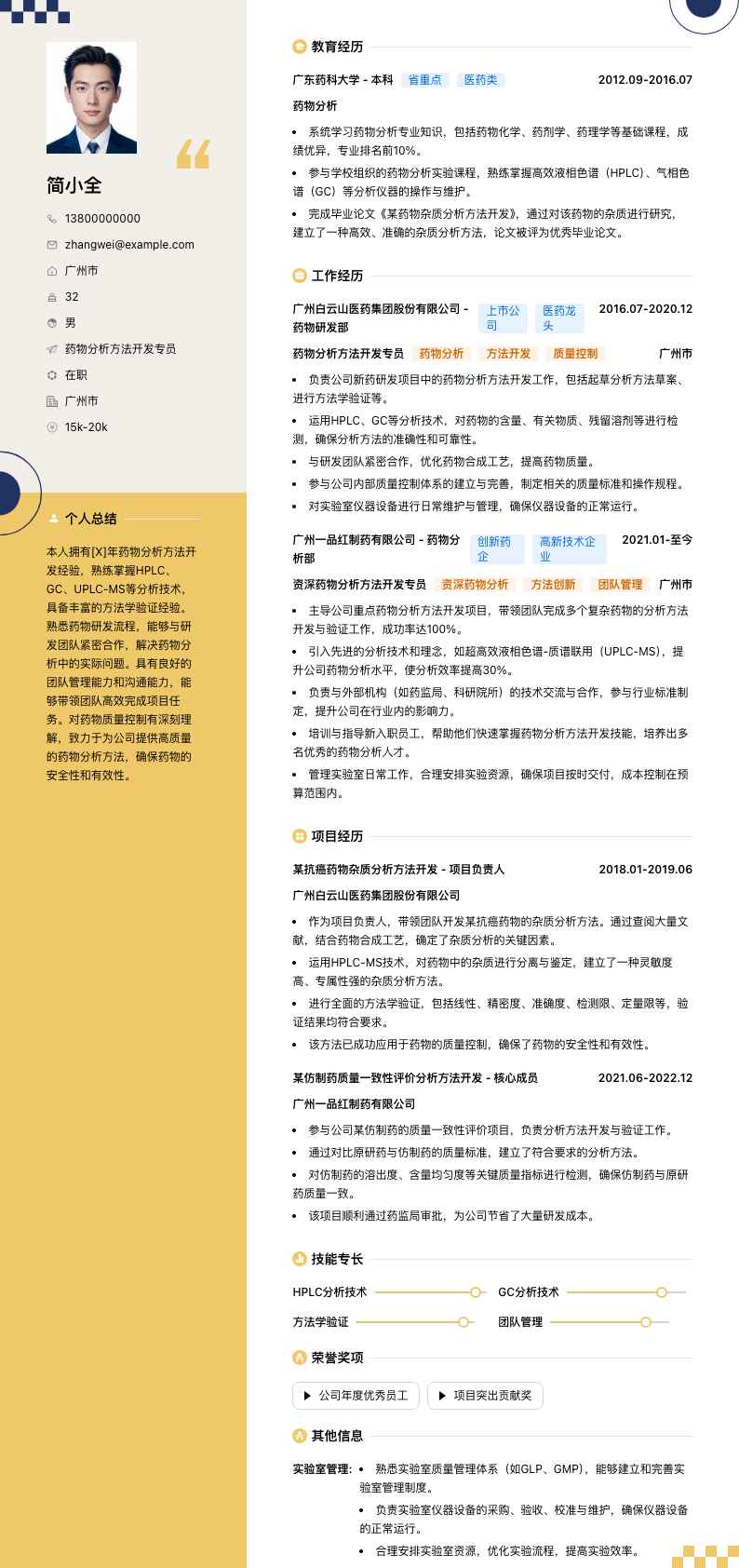 药物分析方法开发专员简历模板