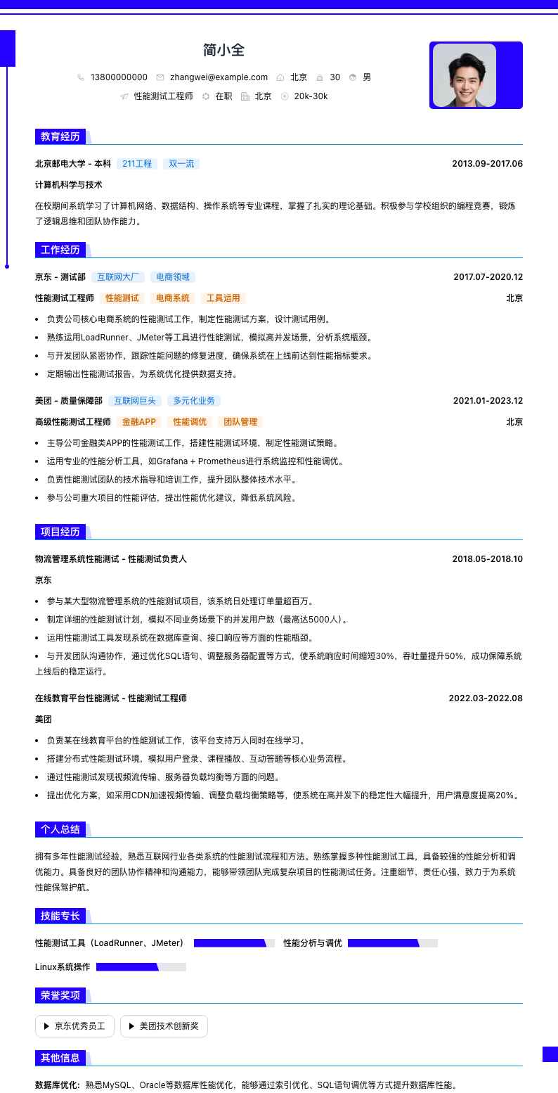 性能测试工程师简历模板