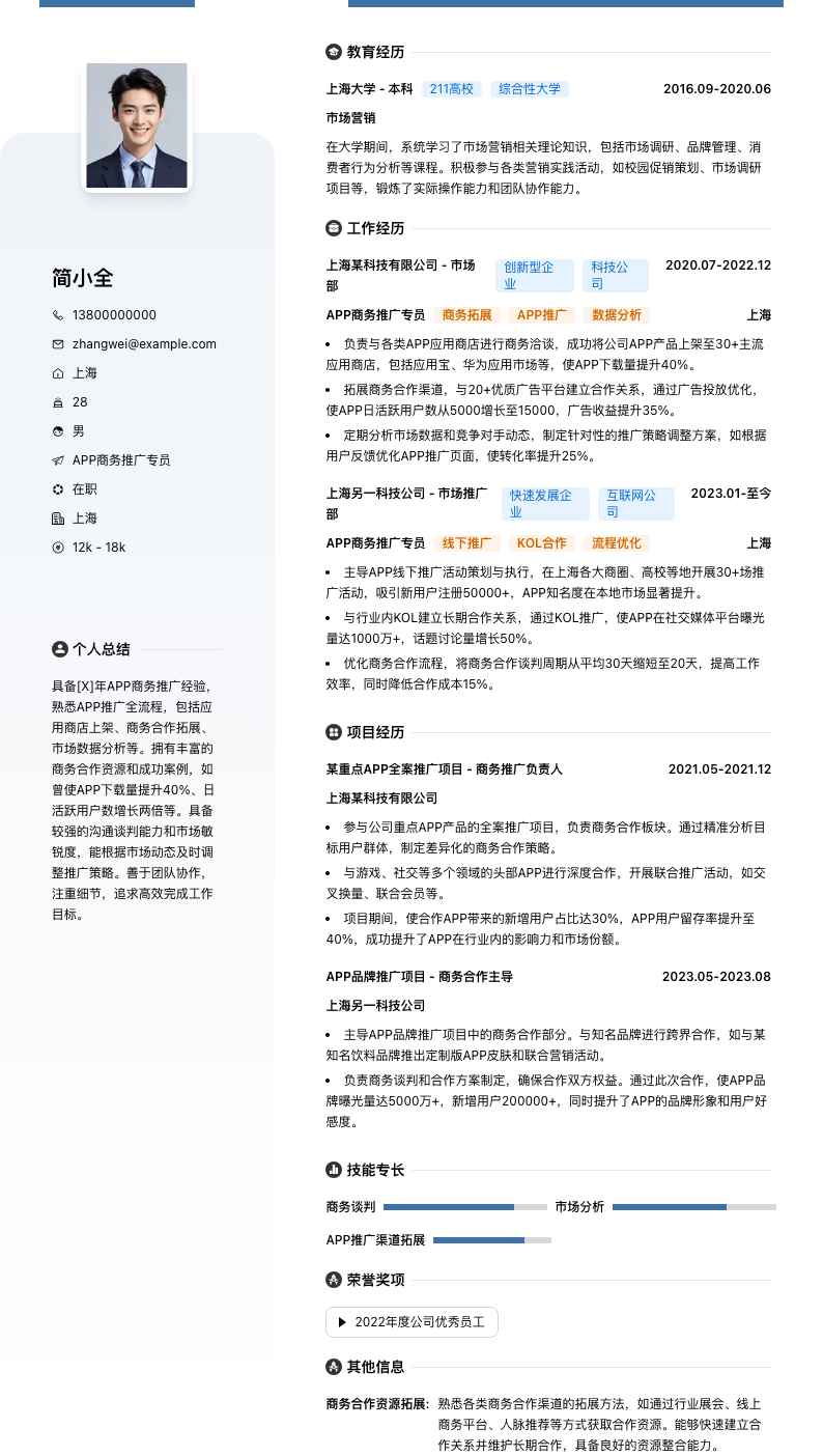 APP商务推广专员简历模板