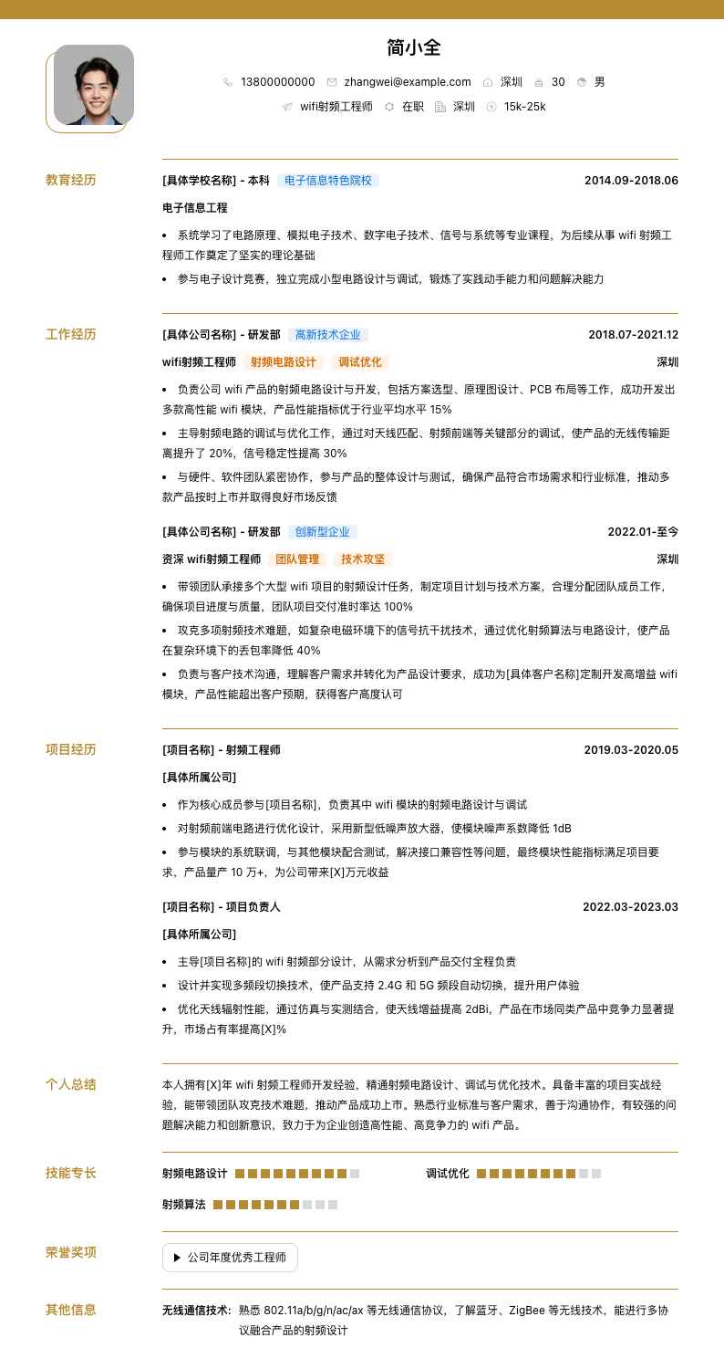 wifi射频工程师简历模板