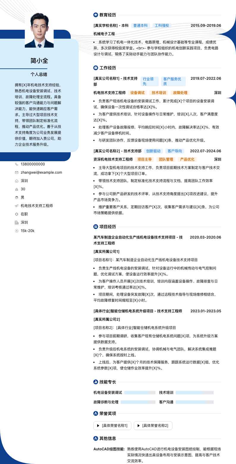 机电技术支持工程师简历模板
