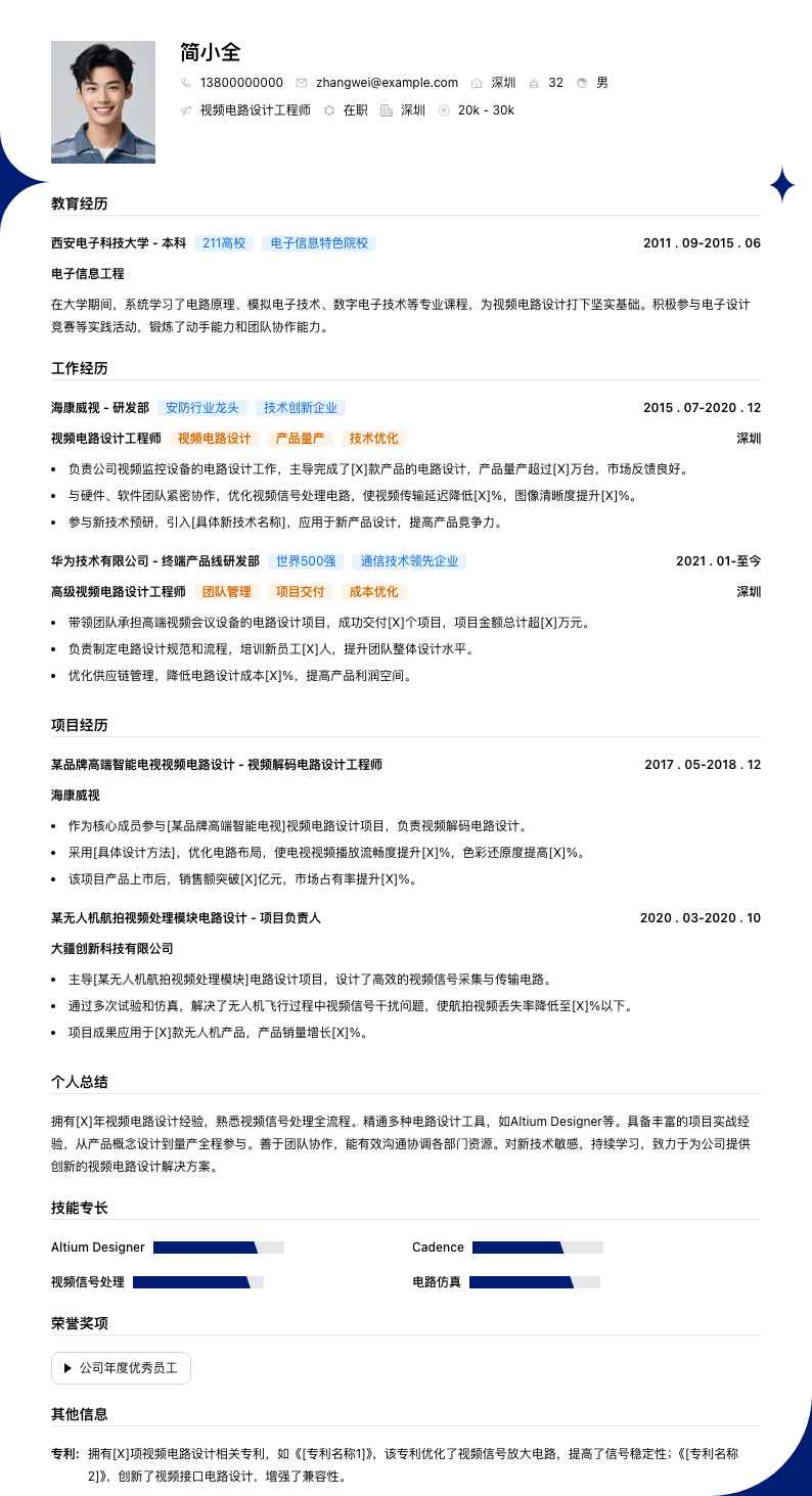视频电路设计工程师简历模板