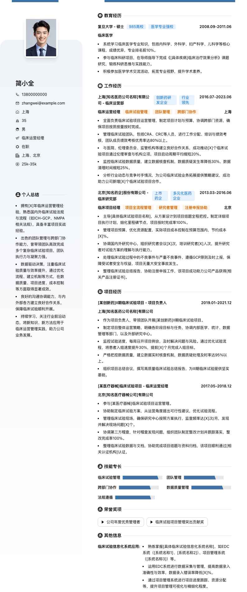 临床运营经理简历模板