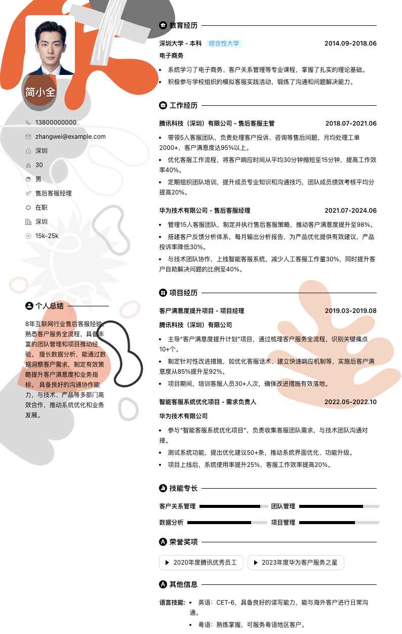 售后客服经理简历模板