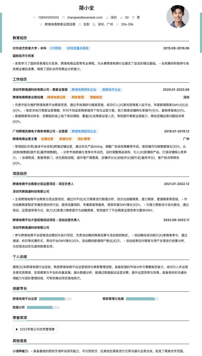 跨境电商商家运营经理简历模板